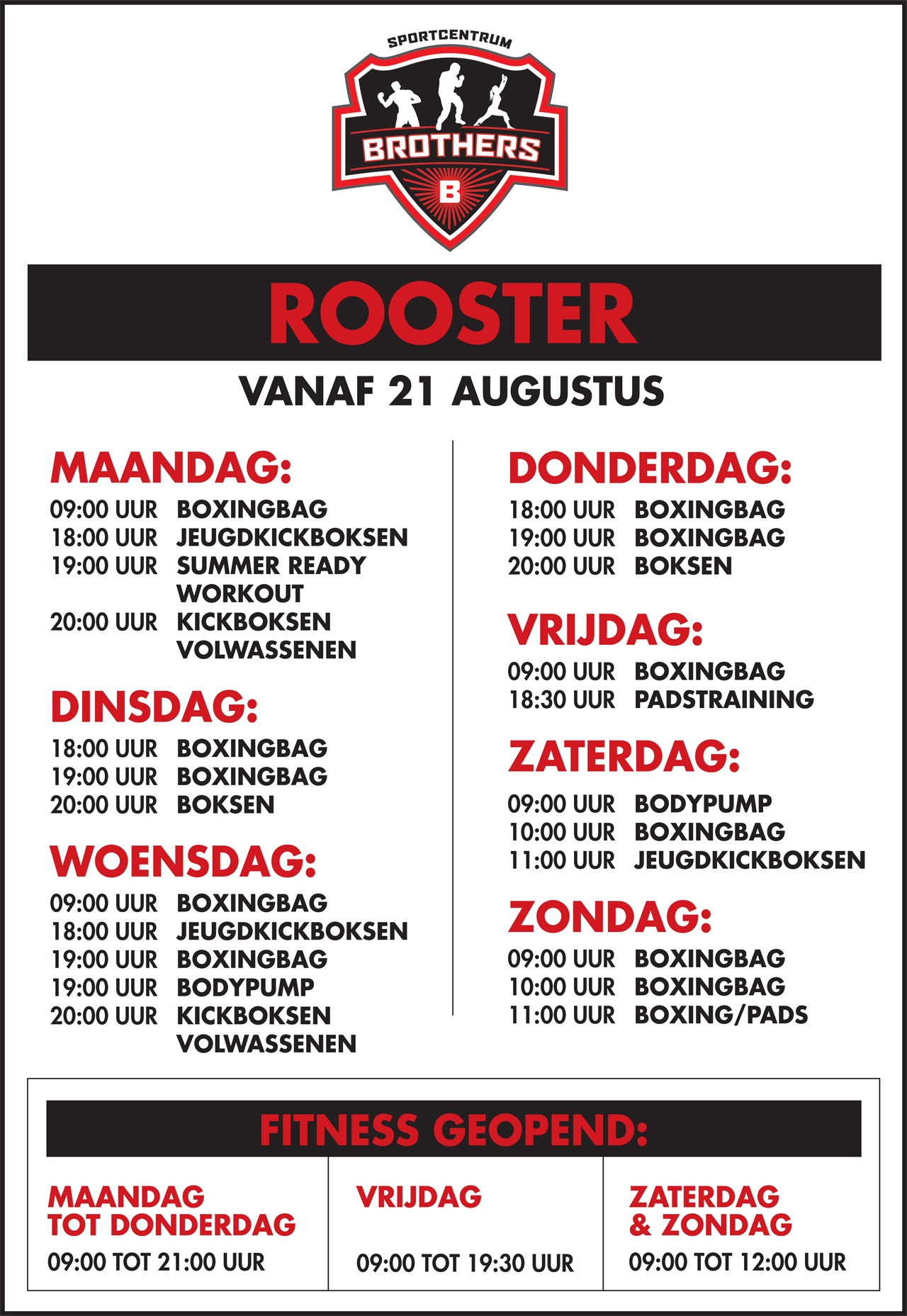 Sportcentrum Brothers Openingstijden